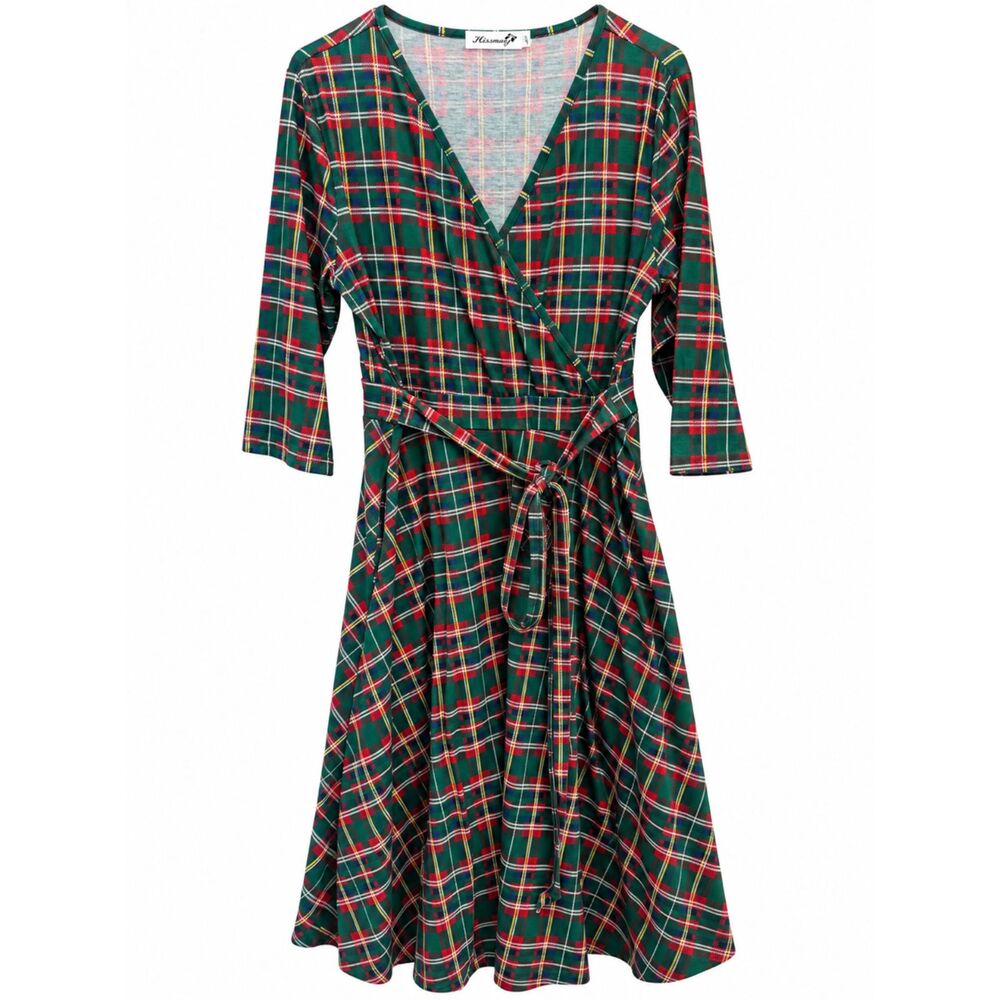 Amazon Size 16 Green Tartan Plaid Wrap Midi Dress